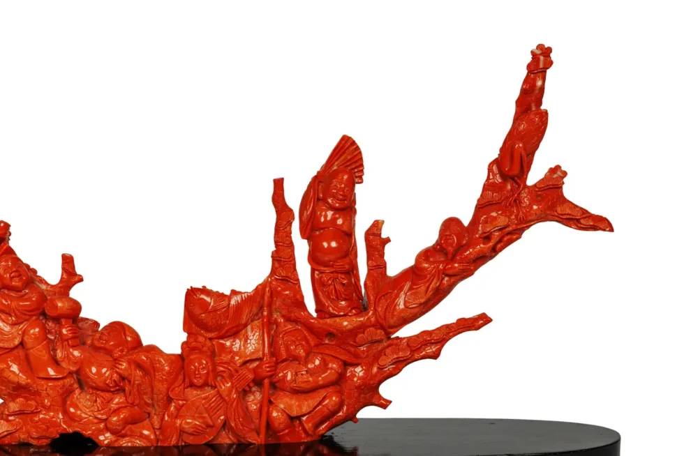 Magnificent, Large Chinese Carved Coral Figural Group, Seven Figures with Fish - Image 6