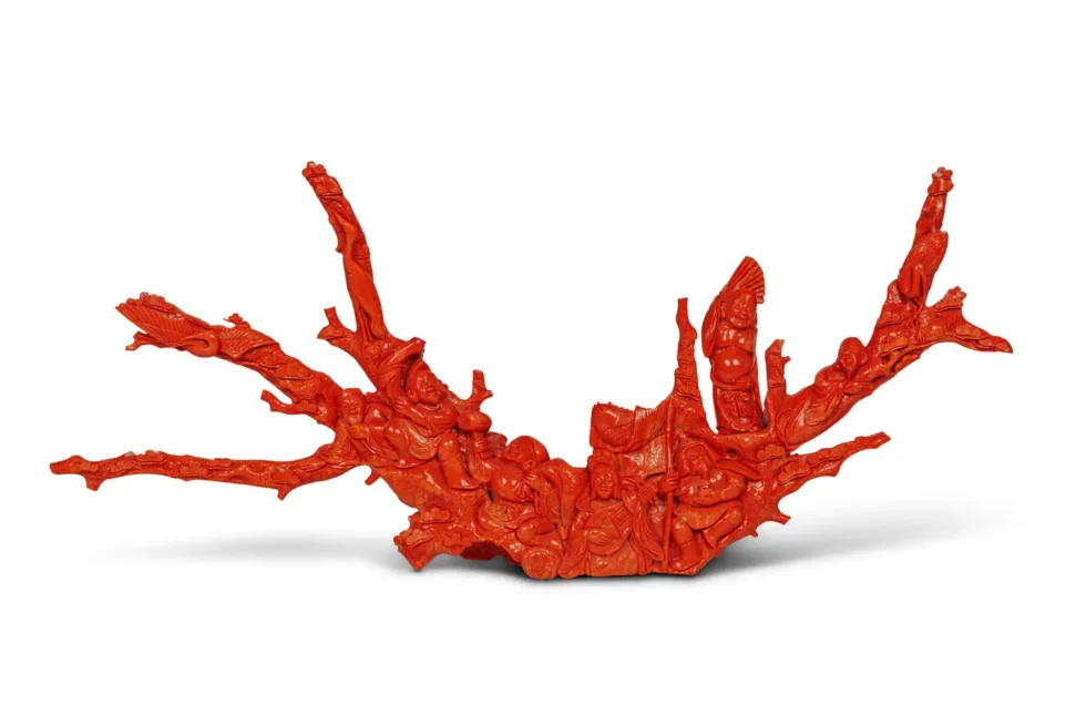 Magnificent, Large Chinese Carved Coral Figural Group, Seven Figures with Fish - Image 10