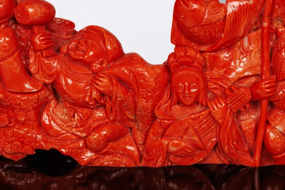 Magnificent, Large Chinese Carved Coral Figural Group, Seven Figures with Fish - Image 11