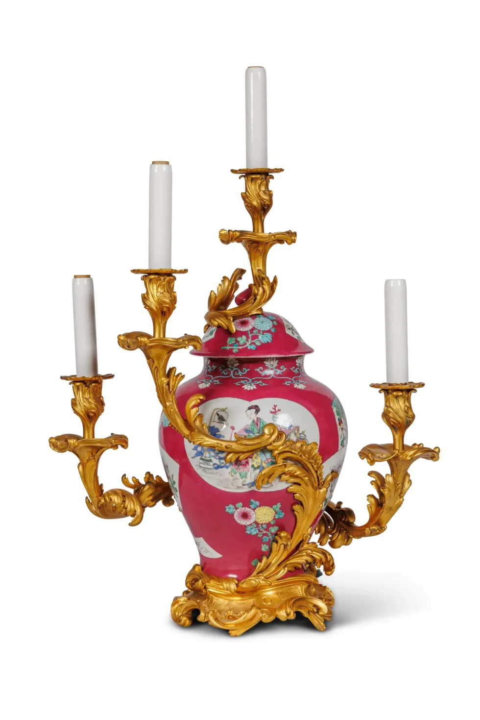 Magnificent Pair of Ormolu-Mounted Pink Chinese Porcelain Three-Light Cadelabras - Image 5