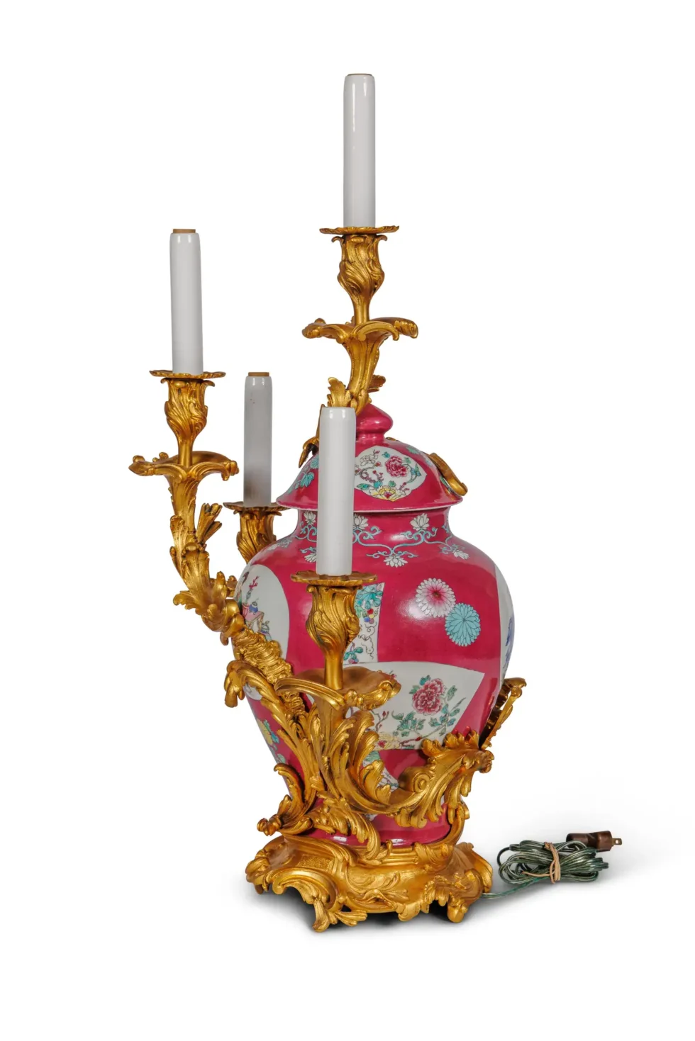 Magnificent Pair of Ormolu-Mounted Pink Chinese Porcelain Three-Light Cadelabras - Image 4