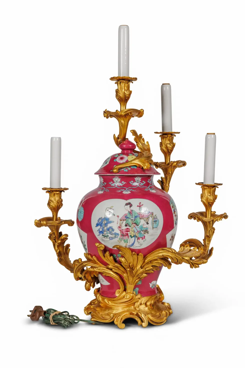 Magnificent Pair of Ormolu-Mounted Pink Chinese Porcelain Three-Light Cadelabras - Image 3