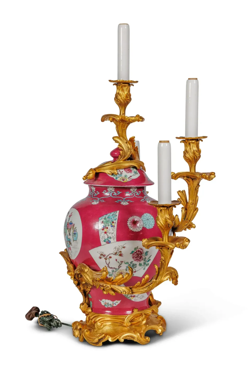 Magnificent Pair of Ormolu-Mounted Pink Chinese Porcelain Three-Light Cadelabras - Image 6