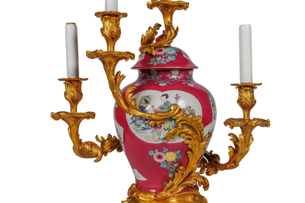 Magnificent Pair of Ormolu-Mounted Pink Chinese Porcelain Three-Light Cadelabras - Image 10