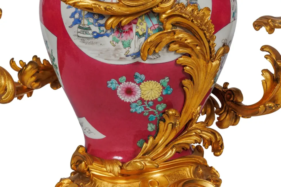 Magnificent Pair of Ormolu-Mounted Pink Chinese Porcelain Three-Light Cadelabras - Image 9