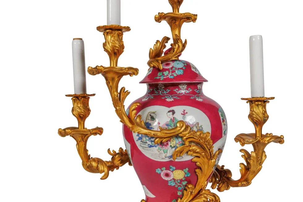Magnificent Pair of Ormolu-Mounted Pink Chinese Porcelain Three-Light Cadelabras - Image 8