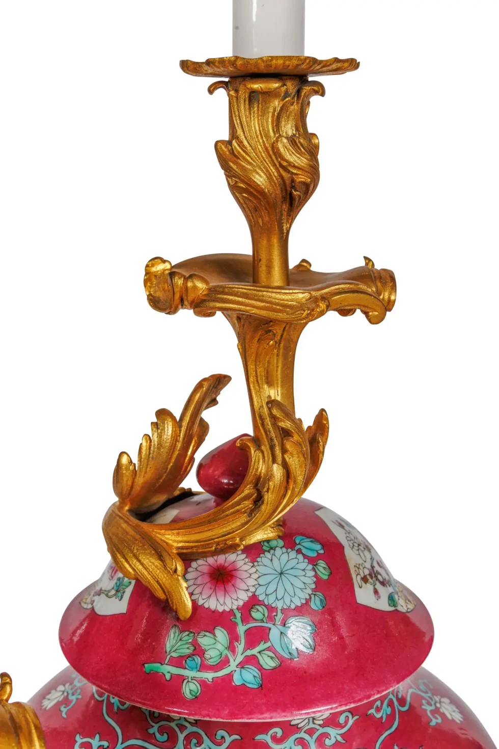 Magnificent Pair of Ormolu-Mounted Pink Chinese Porcelain Three-Light Cadelabras - Image 11