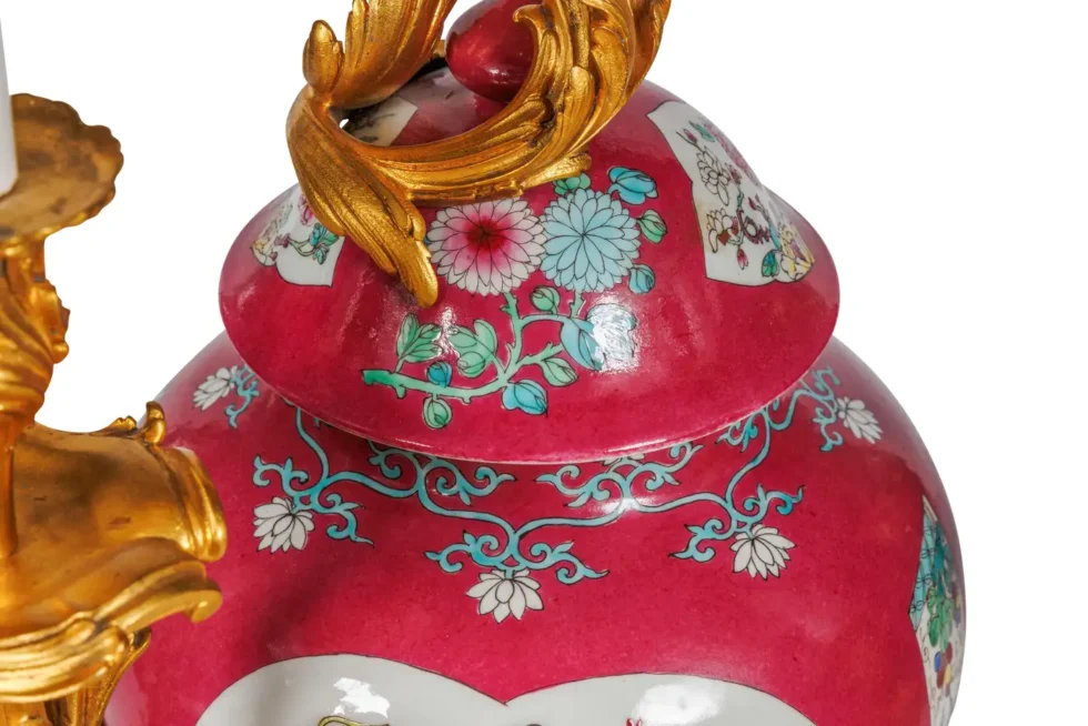 Magnificent Pair of Ormolu-Mounted Pink Chinese Porcelain Three-Light Cadelabras - Image 13