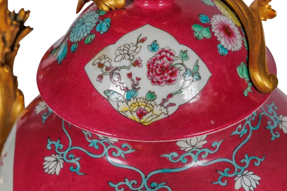 Magnificent Pair of Ormolu-Mounted Pink Chinese Porcelain Three-Light Cadelabras - Image 12