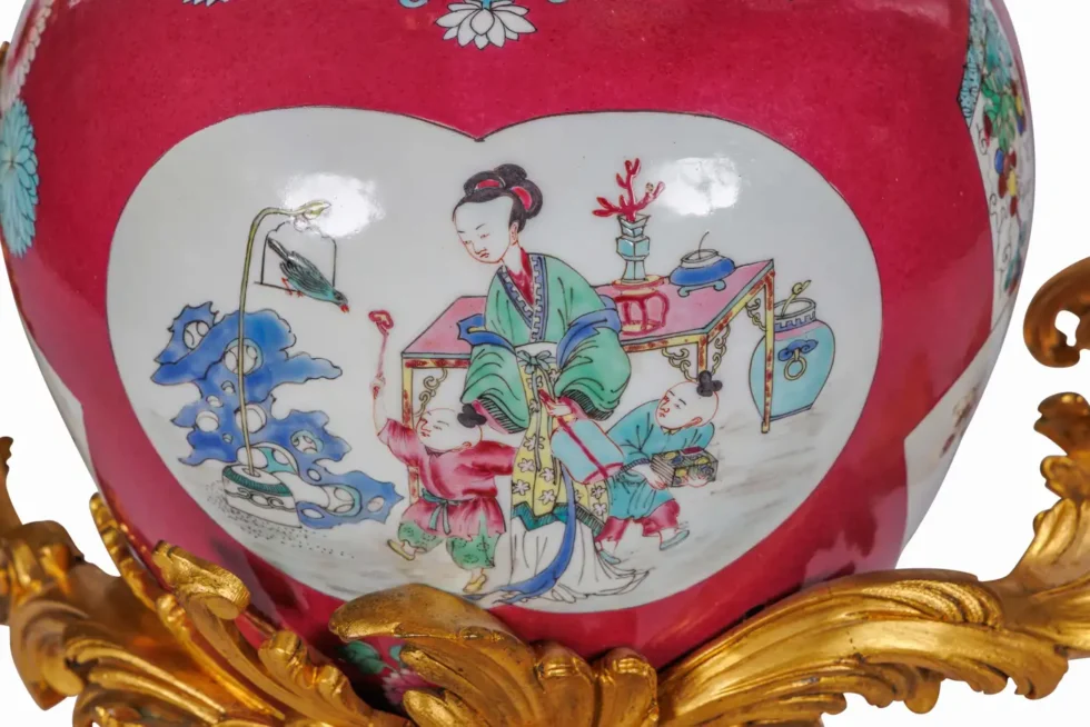 Magnificent Pair of Ormolu-Mounted Pink Chinese Porcelain Three-Light Cadelabras - Image 14