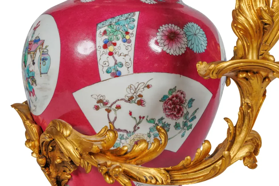 Magnificent Pair of Ormolu-Mounted Pink Chinese Porcelain Three-Light Cadelabras - Image 15