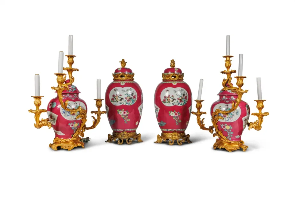 Magnificent Pair of Ormolu-Mounted Pink Chinese Porcelain Vases - Image 2