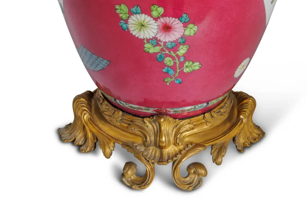 Magnificent Pair of Ormolu-Mounted Pink Chinese Porcelain Vases - Image 7