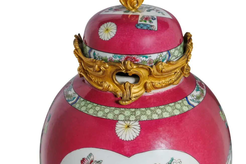 Magnificent Pair of Ormolu-Mounted Pink Chinese Porcelain Vases - Image 9