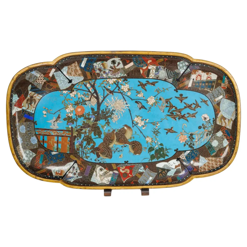 A Grand Meiji Cloisonné Enamel Tray Featuring Cherry Blossoms and Birds