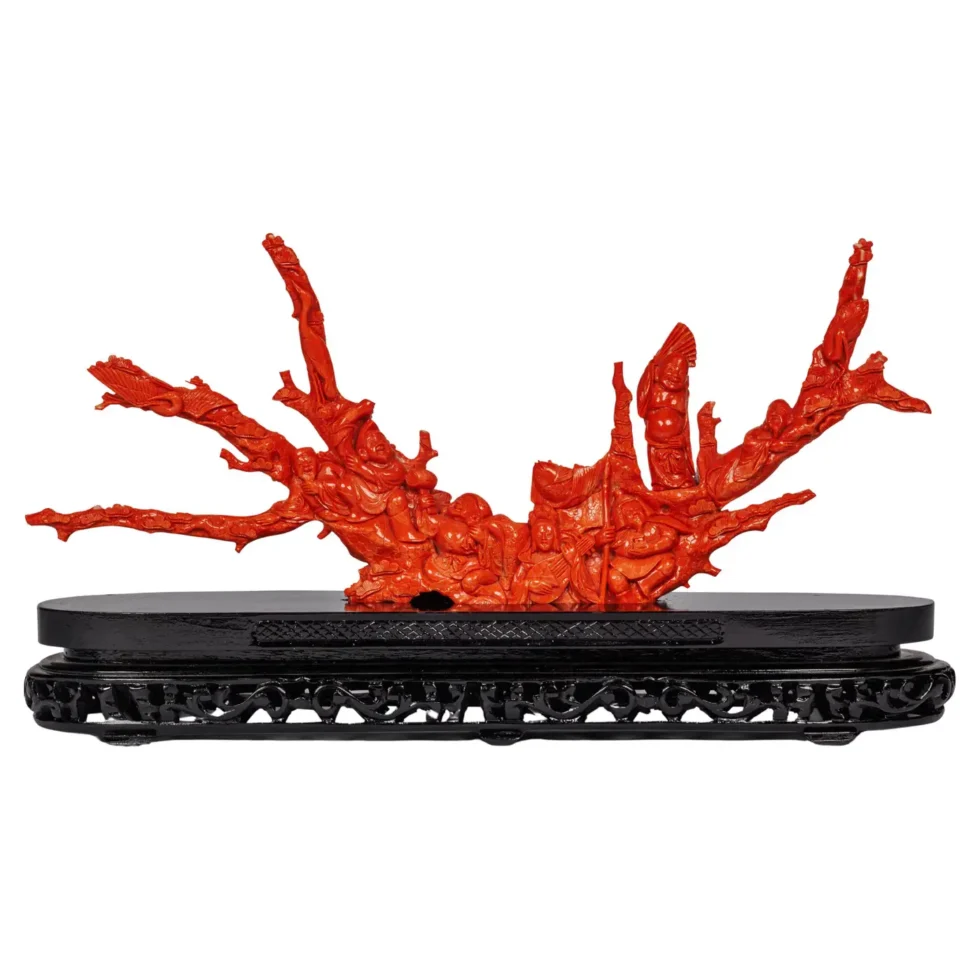 Magnificent, Large Chinese Carved Coral Figural Group, Seven Figures with Fish