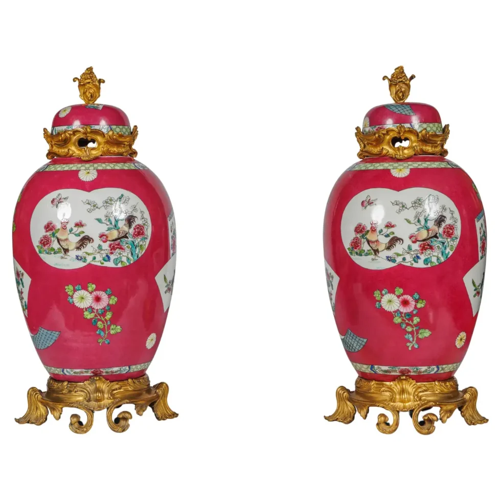 Magnificent Pair of Ormolu-Mounted Pink Chinese Porcelain Vases