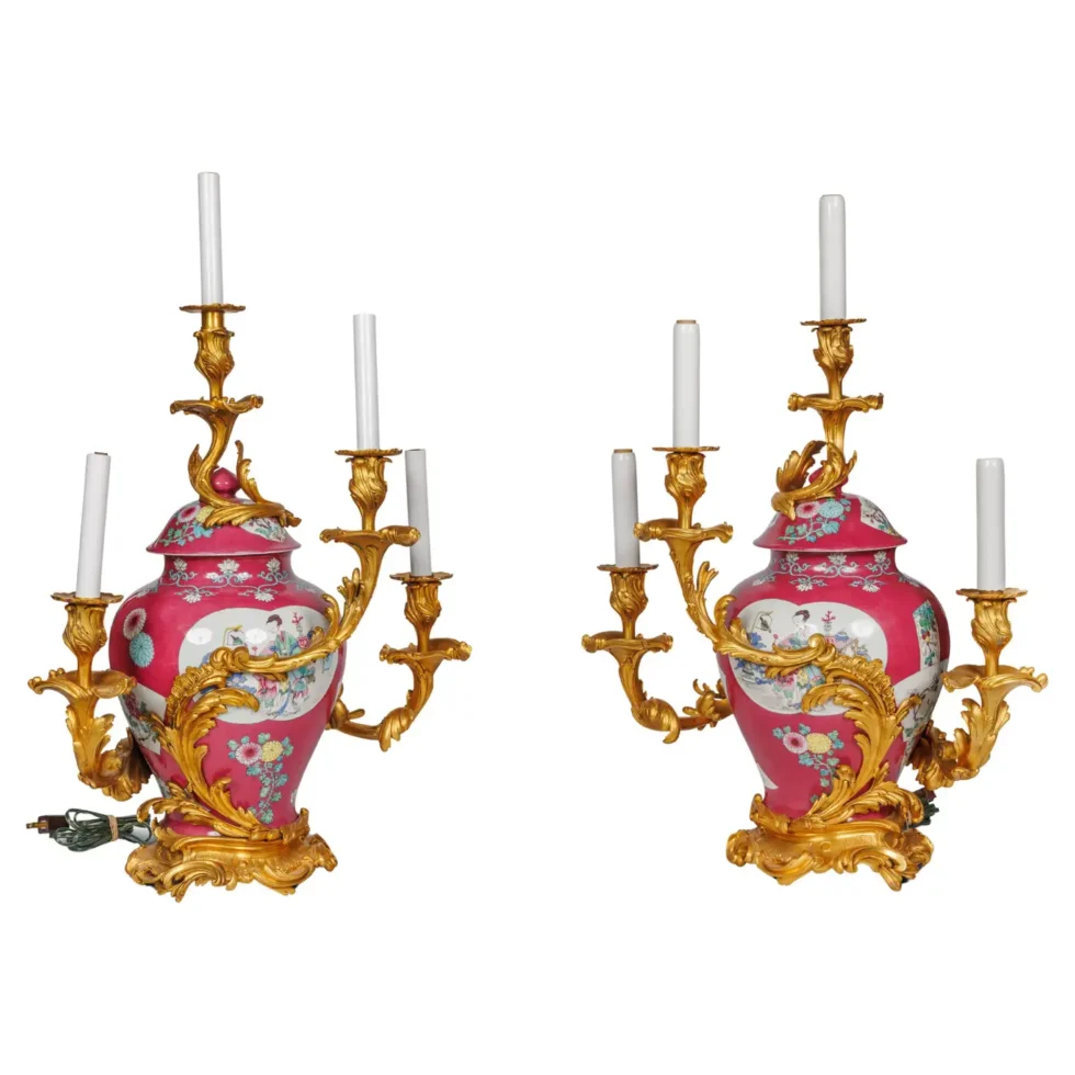 Magnificent Pair of Ormolu-Mounted Pink Chinese Porcelain Three-Light Cadelabras