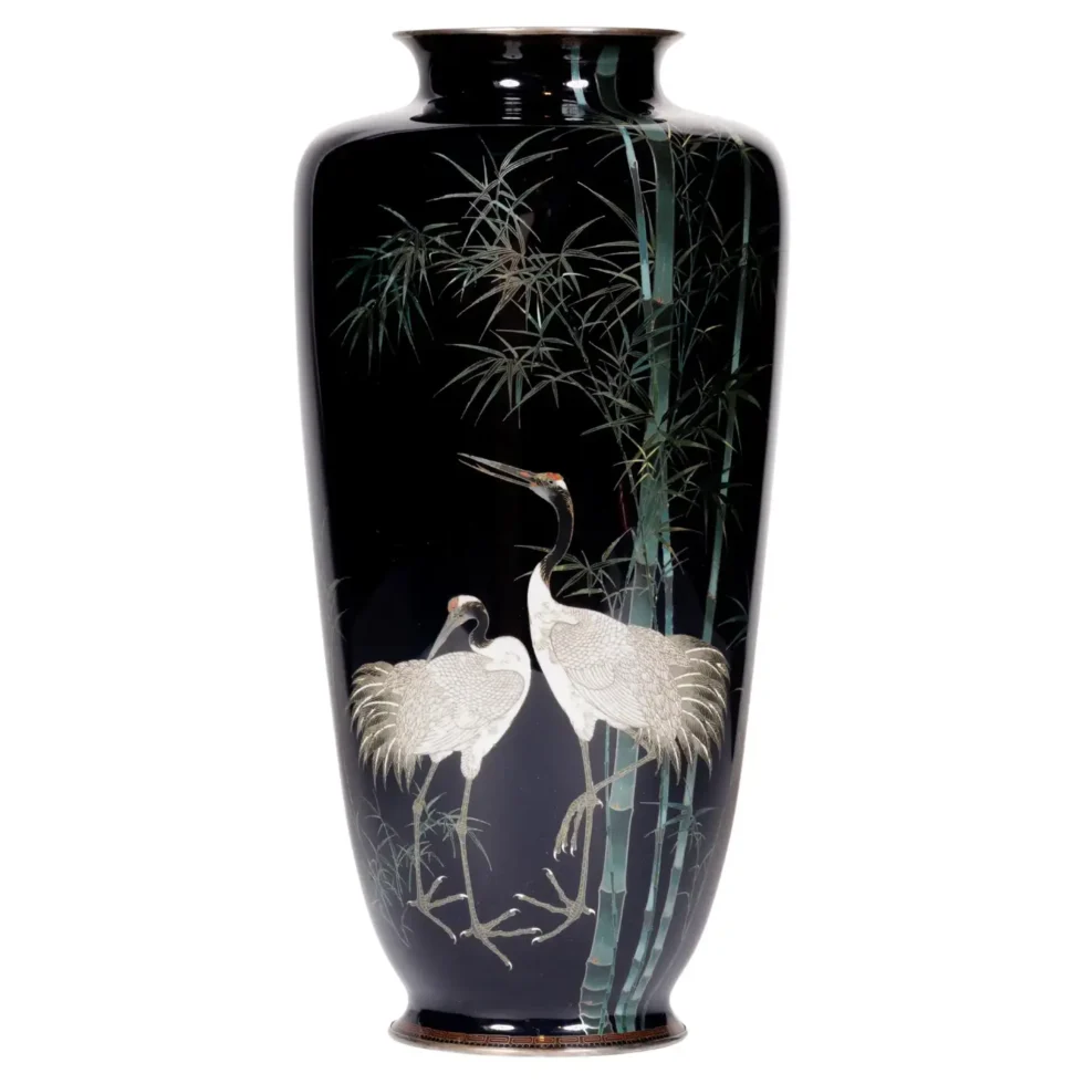 A Fine, Large Japanese Cloisonne Enamel Cobalt Blue Vase with Cranes, Hayashi