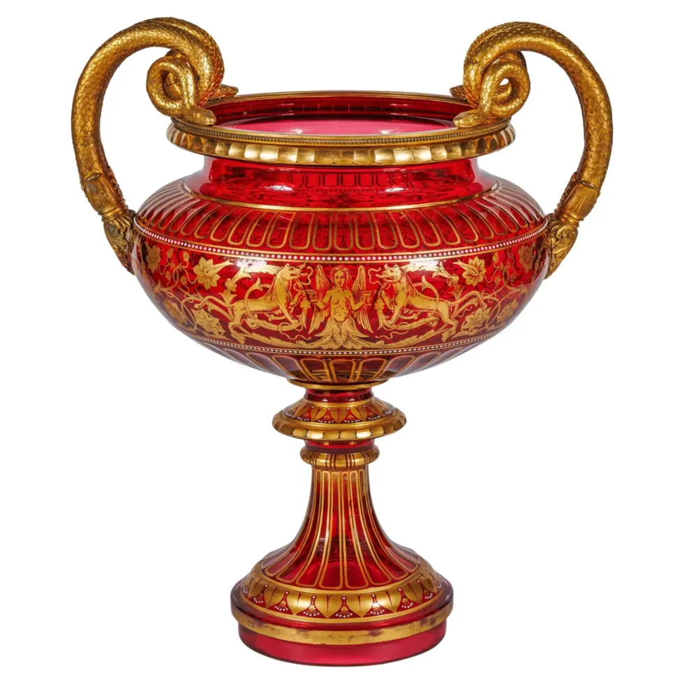 1876 Centennial Exhibition, J & L. Lobmeyr Ormolu Mounted Ruby Glass Centerpiece