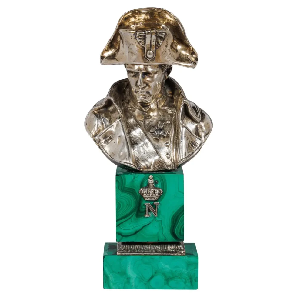 An Exquisite French Silver and Malachite Bust of Napoleon, By Emile Pinedo