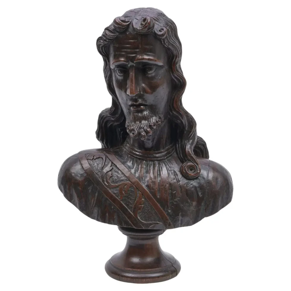 A Monumental 16th Century Renaissance Carved Oak Bust of Jesus Christ