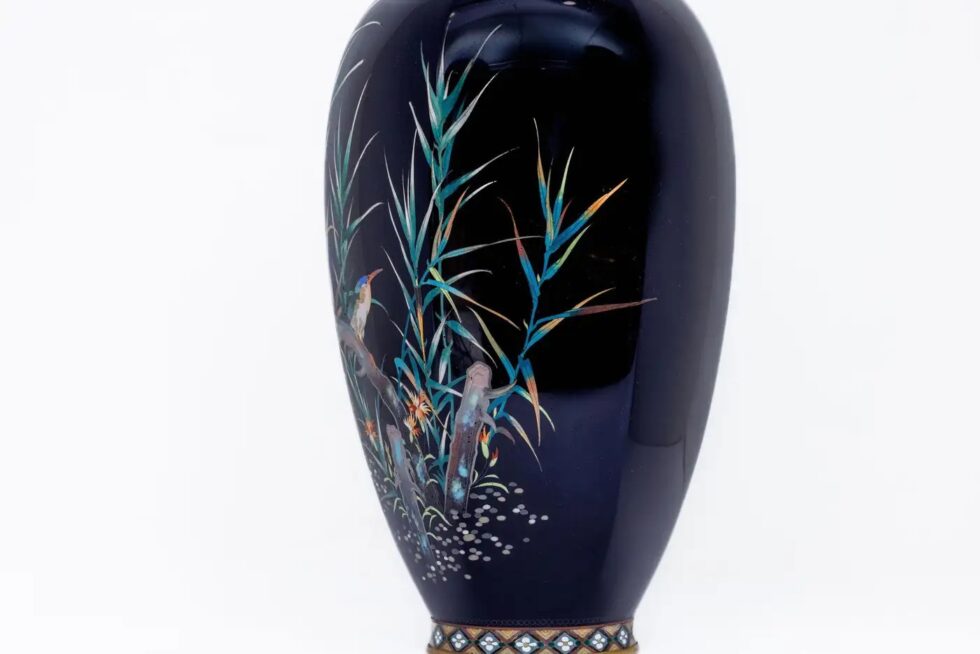 Rare Japanese Cloisonné Enamel Vase with Kingfisher and Reeds, Hayashi Kodenji - Image 9