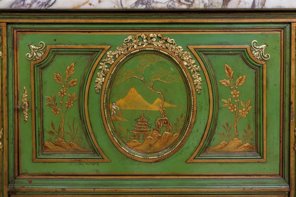 A Magnificent French C. 1870 Ormolu-Mounted Green Painted Chinoiserie Commode - Image 8