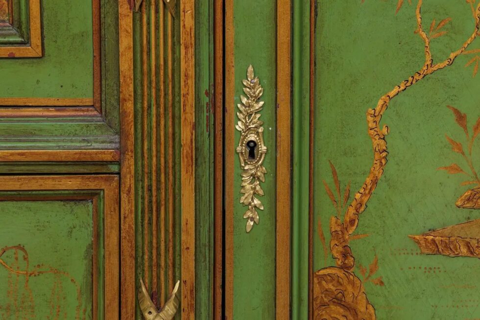 A Magnificent French C. 1870 Ormolu-Mounted Green Painted Chinoiserie Commode - Image 11