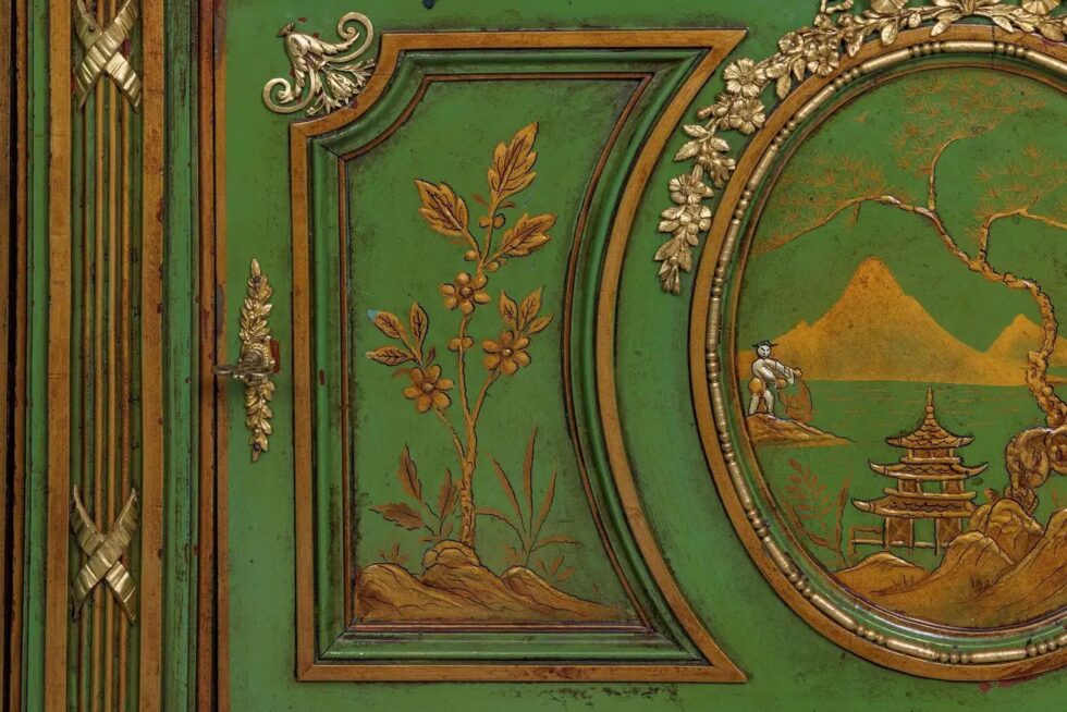 A Magnificent French C. 1870 Ormolu-Mounted Green Painted Chinoiserie Commode - Image 14