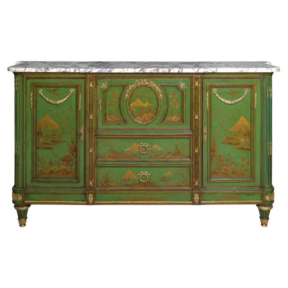 A Magnificent French C. 1870 Ormolu-Mounted Green Painted Chinoiserie Commode