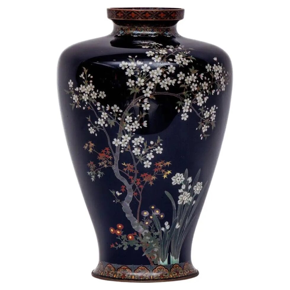 Japanese Meiji Cloisonné Enamel Vase with Cherry Blossoms, Ota Tamashiro