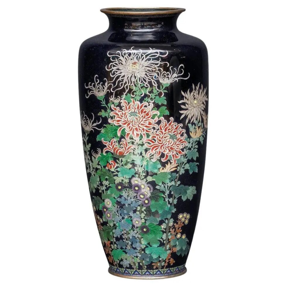 Japanese Meiji Silver-Wire Cloisonné Enamel Vase with Chrysanthemums, Inaba Co.