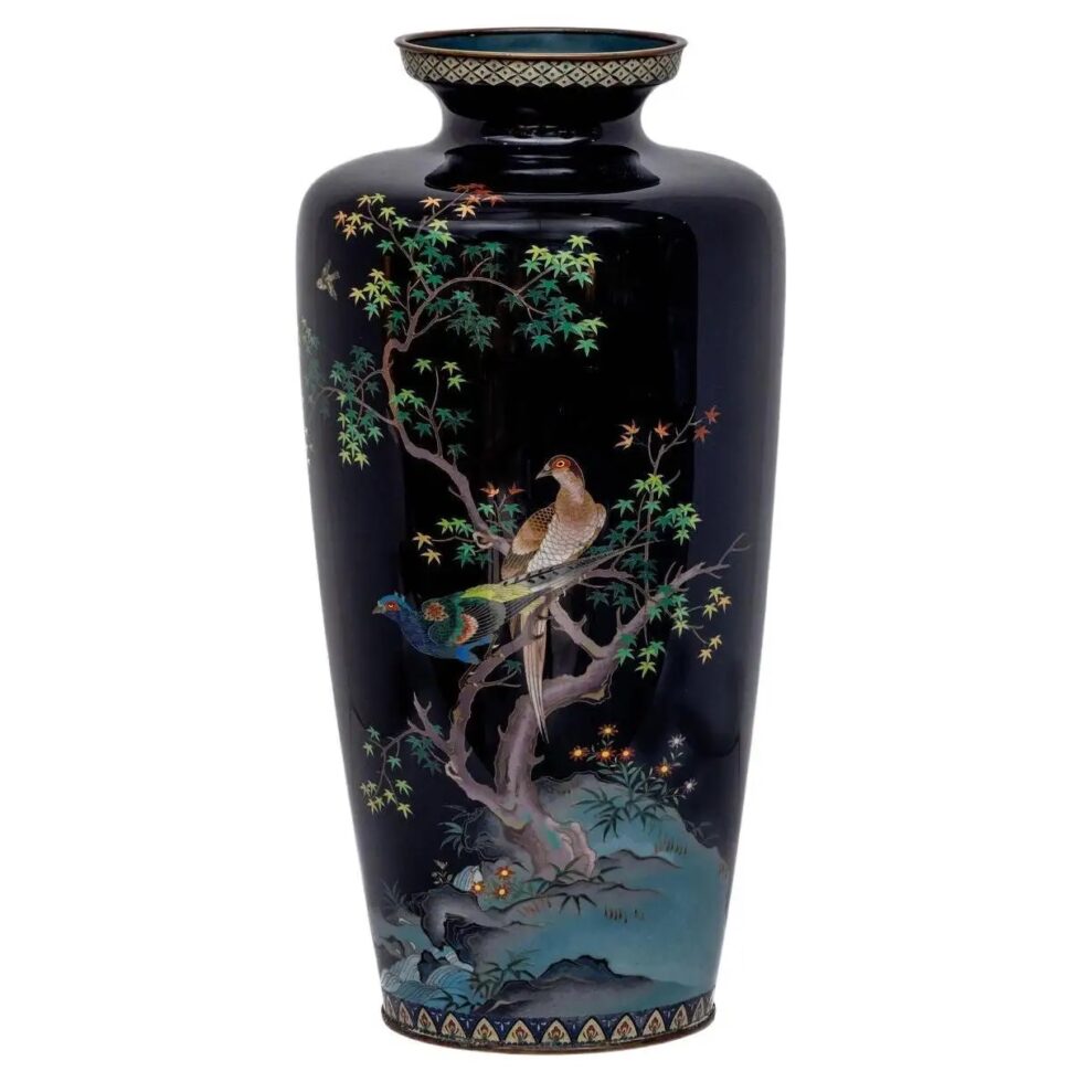 Magnificent Japanese Meiji Cloisonné Enamel Vase with Pheasants, Inaba Co.