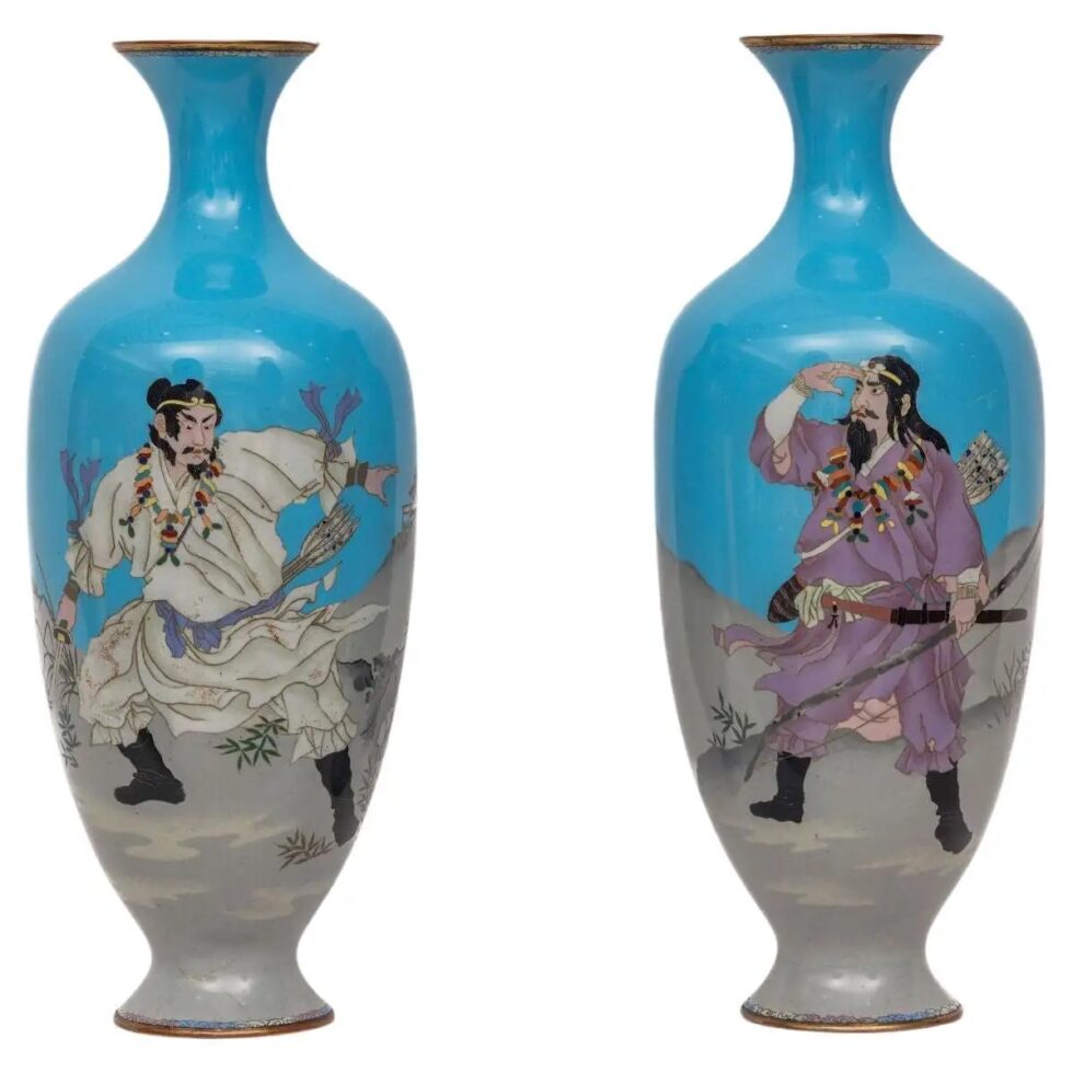 Monumental Pair of Japanese Cloisonné Enamel Vases with Warriors, Ota Tamashiro