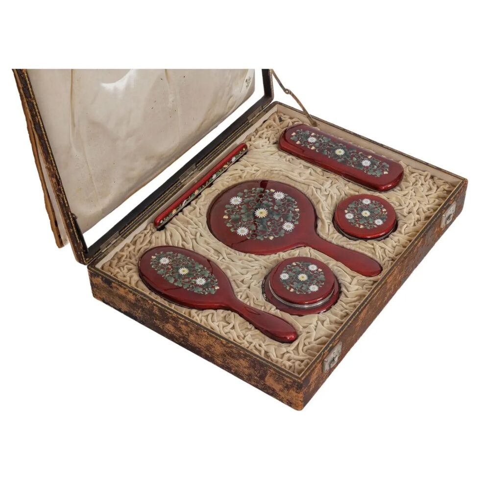 Exquisite Japanese Cloisonné Red Enamel Six-Piece Dressing Table Set, Ando Jubei