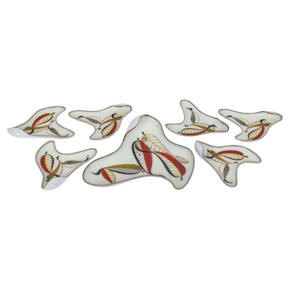 Rare Set of Seven Japanese Cloisonné Enamel Sashimi Plates In Box, Ando Jubei