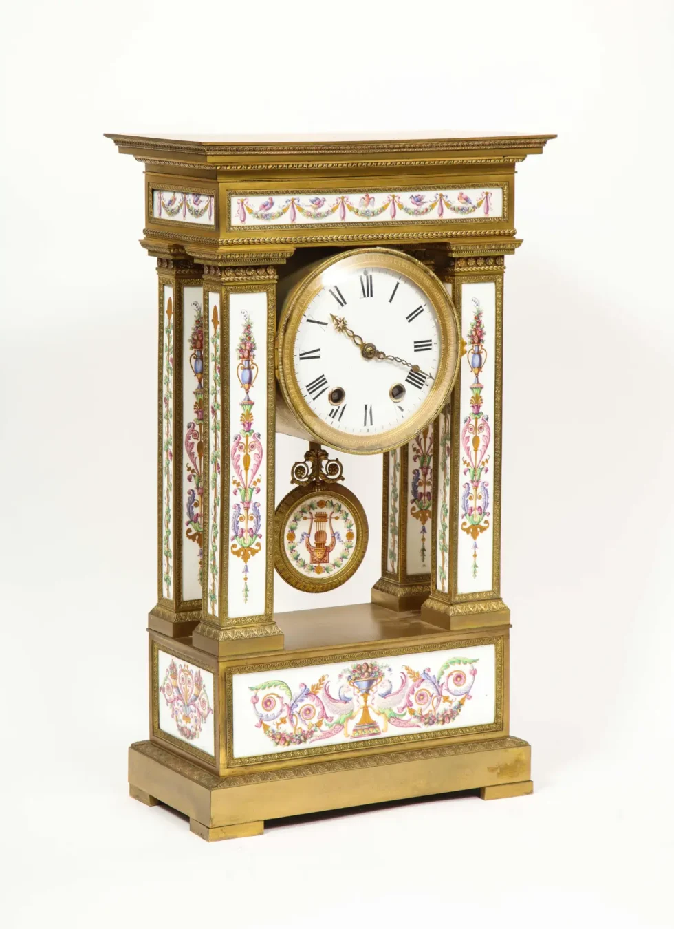 A Restauration Period Porcelain Inset Ormolu Mantel Clock, Attributed to Deniere - Image 2