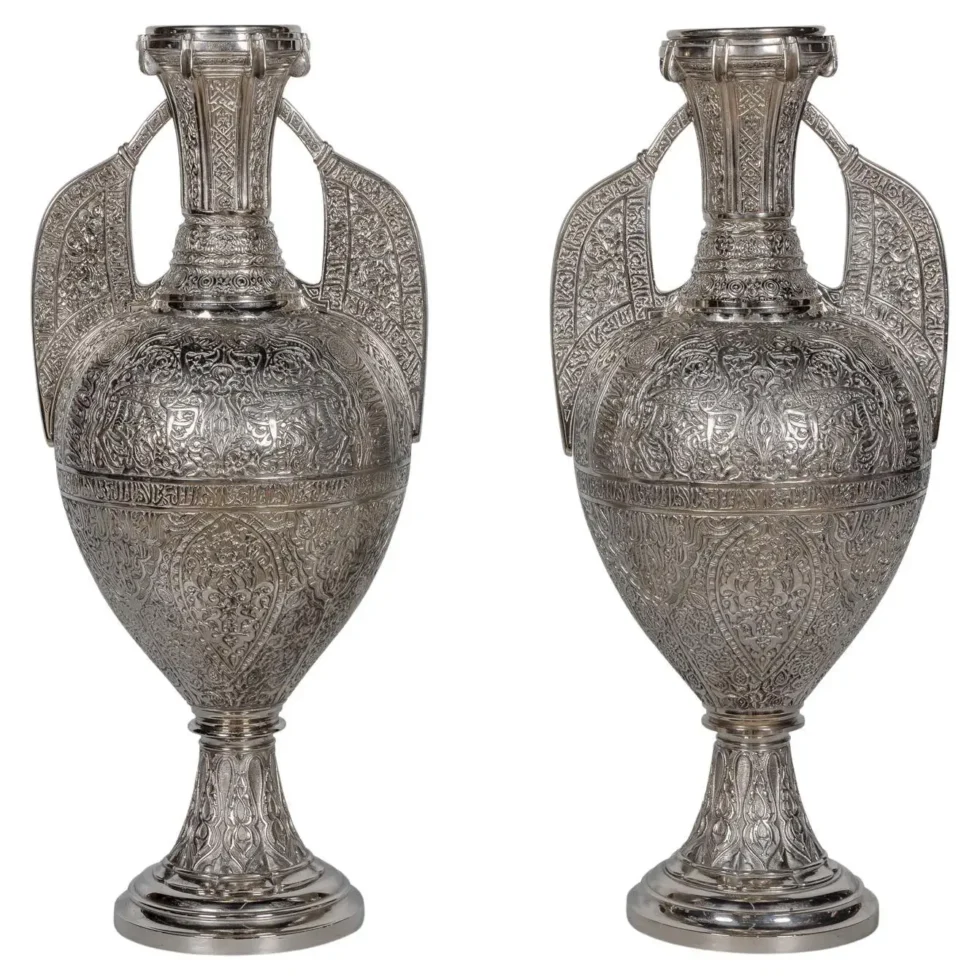 A Magnificent Pair of Silvered Bronze "Alhambra" Vases by Tiffany Studios