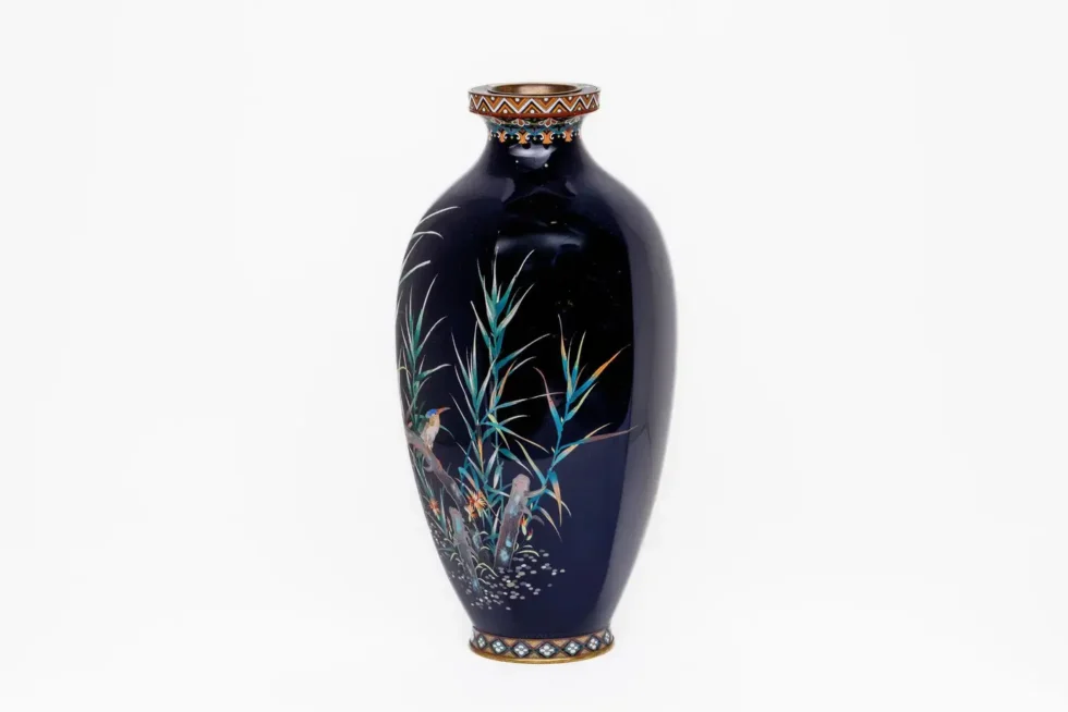 Rare Japanese Cloisonné Enamel Vase with Kingfisher and Reeds, Hayashi Kodenji - Image 2