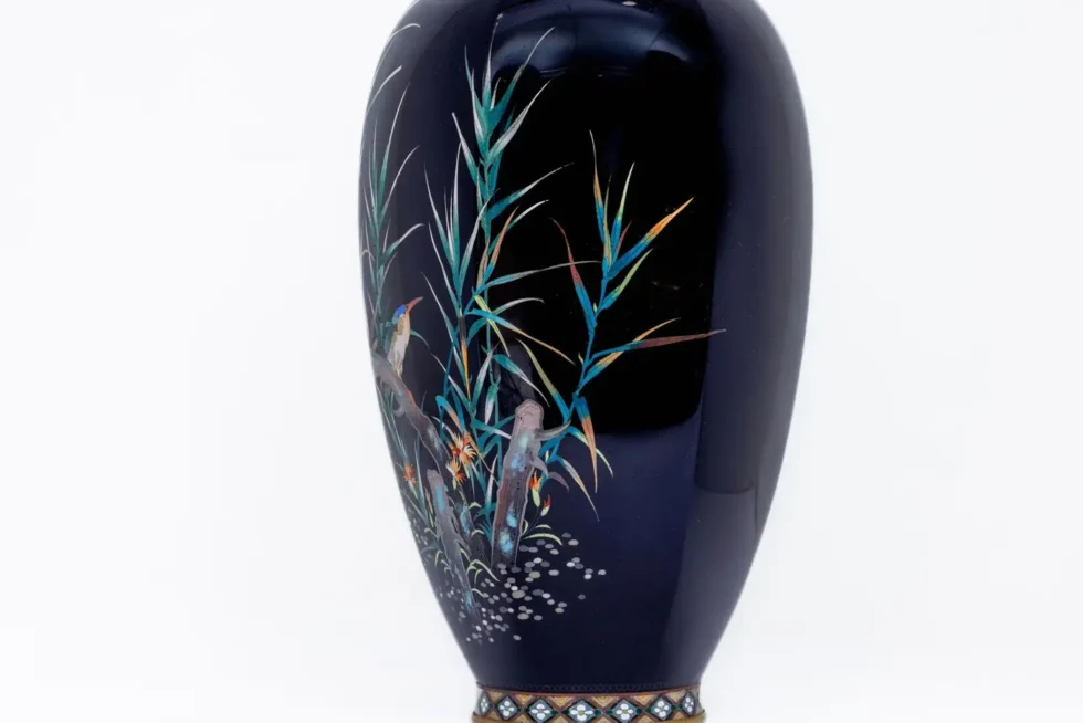 Rare Japanese Cloisonné Enamel Vase with Kingfisher and Reeds, Hayashi Kodenji - Image 9