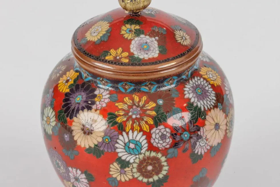 Rare Japanese Cloisonne Enamel Covered Jar with Transparent Red Ground Floral - Image 8