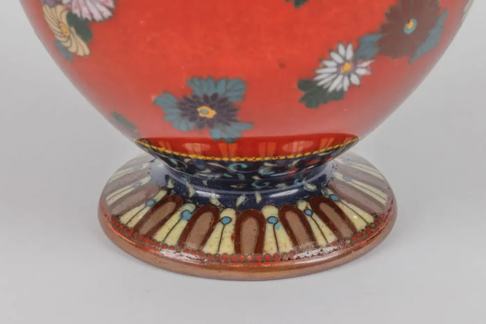 Rare Japanese Cloisonne Enamel Covered Jar with Transparent Red Ground Floral - Image 9