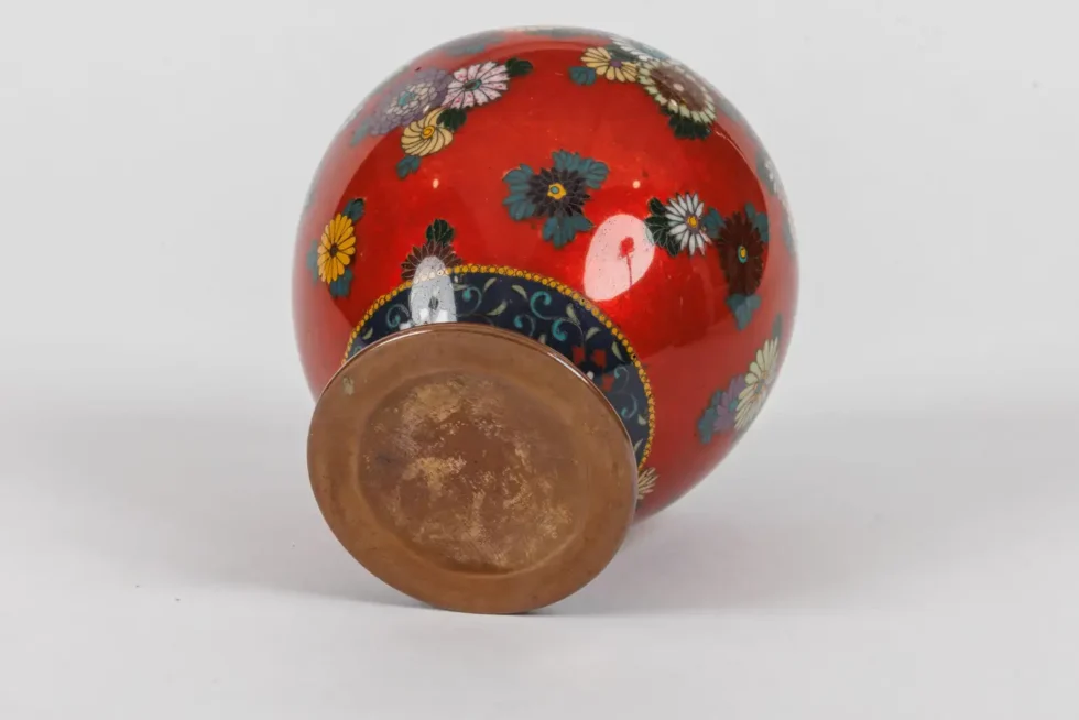 Rare Japanese Cloisonne Enamel Covered Jar with Transparent Red Ground Floral - Image 10