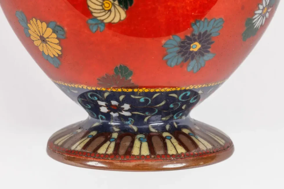 Rare Japanese Cloisonne Enamel Covered Jar with Transparent Red Ground Floral - Image 11