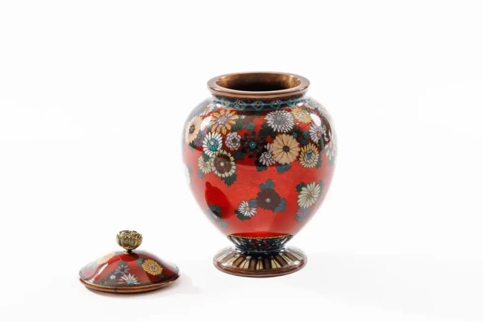 Rare Japanese Cloisonne Enamel Covered Jar with Transparent Red Ground Floral - Image 14
