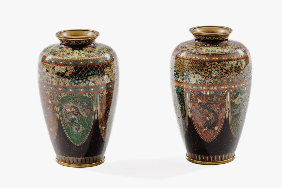 Pair of Japanese Cloisonné Enamel Vases with Dragon and Phoenix, Attributed Ando - Image 2