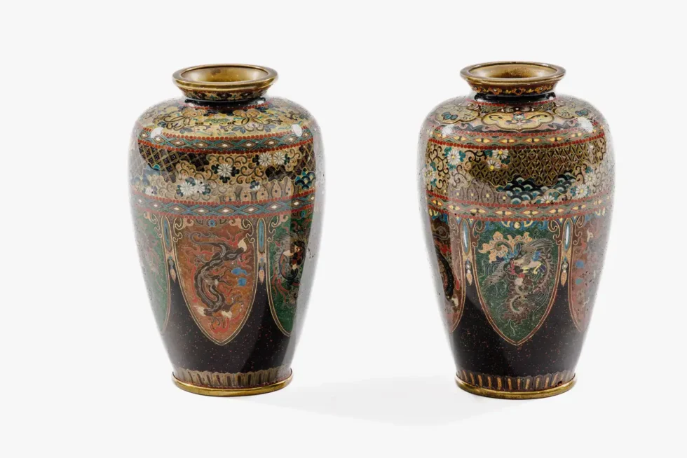 Pair of Japanese Cloisonné Enamel Vases with Dragon and Phoenix, Attributed Ando - Image 3