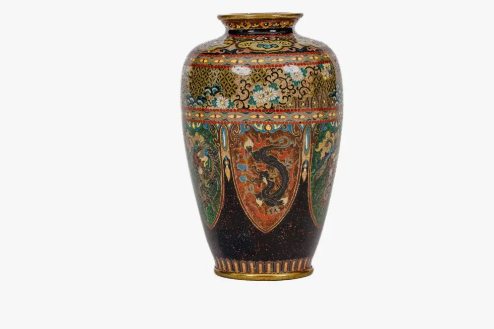 Pair of Japanese Cloisonné Enamel Vases with Dragon and Phoenix, Attributed Ando - Image 5