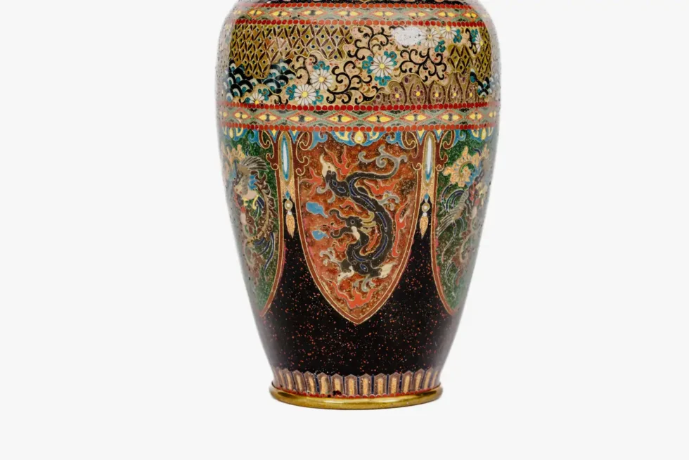 Pair of Japanese Cloisonné Enamel Vases with Dragon and Phoenix, Attributed Ando - Image 7